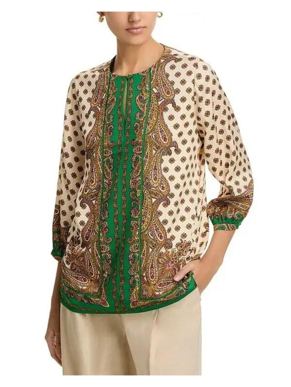 375$ Elie Tahari Isa Paisley Round Neck Blouse Top Long Sleeve Size XS Beige